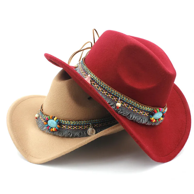 

Child Wool Hollow Western Cowboy Hat With Tassel Belt Kids Girl Jazz Hat Cowgirl Sombrero Cap Size 52-54CM For 4-8 Years