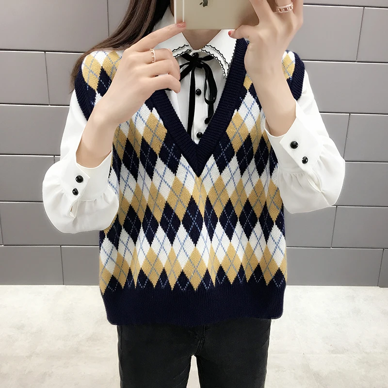 2019 Spring Autumn New V-Neck Argyle Knit Vest Sweater Female Short Preppy Style Women F11 | Женская одежда