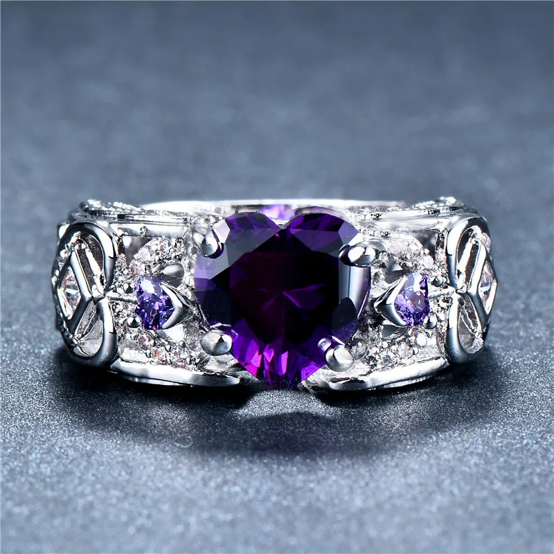 

Bamos Fashion Female Romantic Angel Wing Rings Purple Heart Finger Ring Luxury Cubic Zirconia Rings For Women Vintage Jewelry