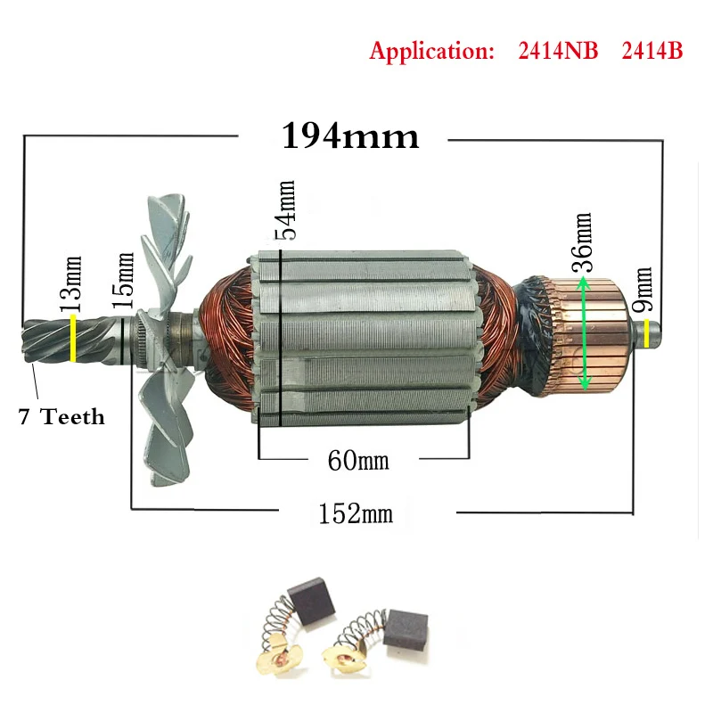 Rotor Carbon brush AC220-240V 7 зубьев приводной вал электрический молоток сталь режущая машина ротор 355 для Makita 2414NB 2414B 516563-1 516564-9 - Цвет: Rotor Carbon brush
