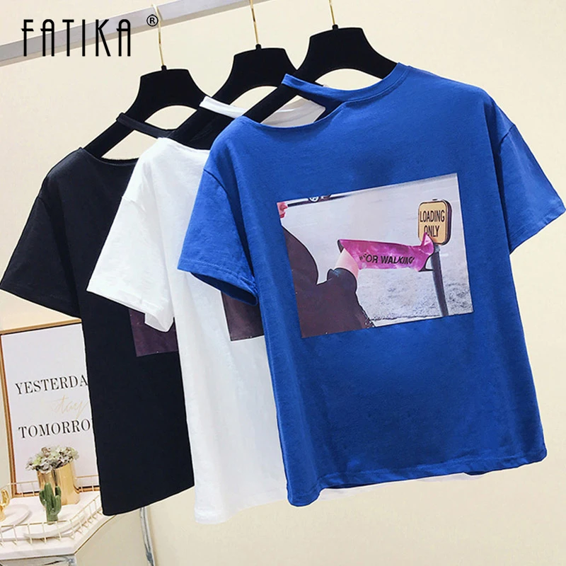 Fatika 2019 Весна Лето Горячие женские модные футболки с буквенным принтом и круглым