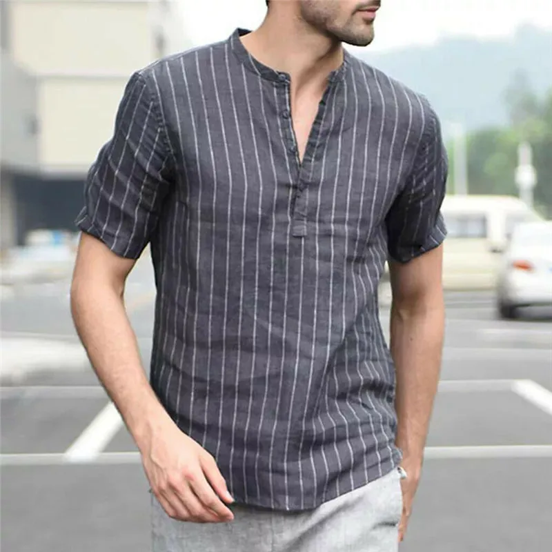 

UK Summer Men's Linen Shirts V Neck Short Sleeve Basic shirt Casual Tops