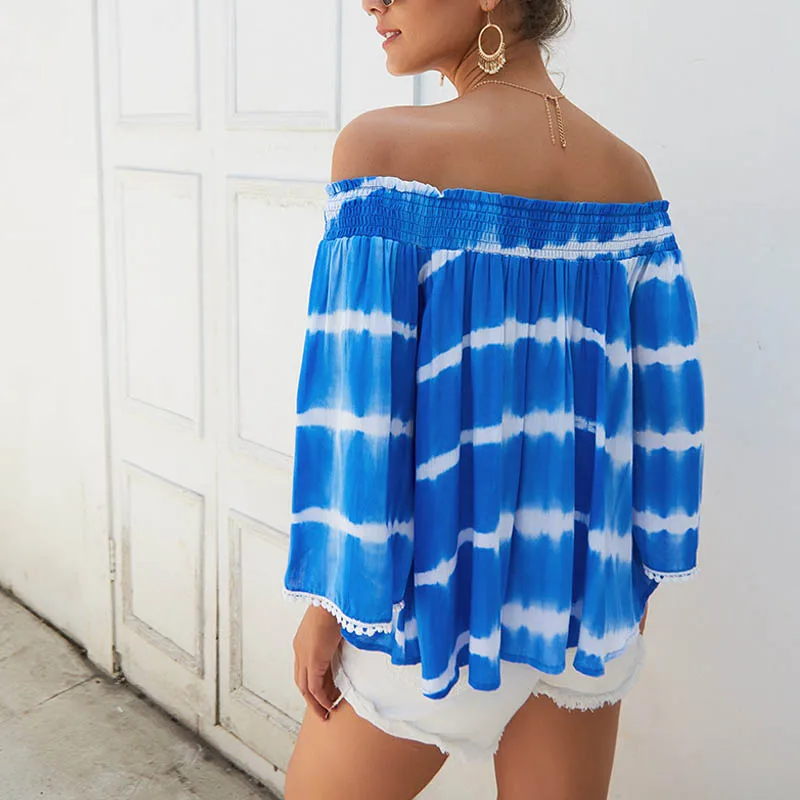 

Women flare Sleeve Slash Neck Striped Print Blouse Boho agaric laces edge Loose Sweet Three Quarter Fare Sleeve Shirt tops
