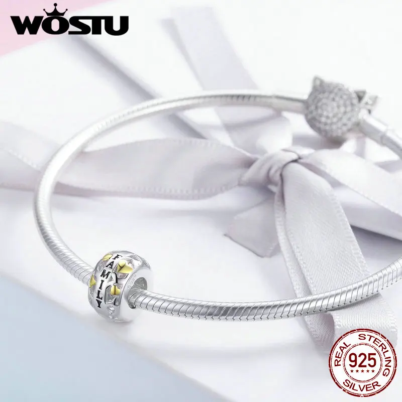 WOSTU 925 пробы серебро желтый теплый Семья бусины браслет шарма простая S925 ювелирных изделий FIC858
