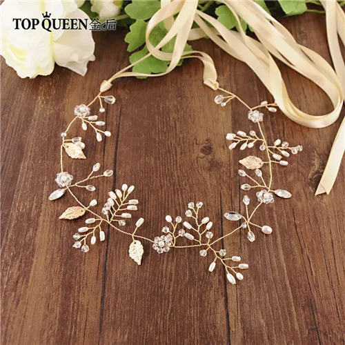 G-champagne ribbon TOPQUEEN HP71 Кристалл Золотые листья свадебное украшение для волос «вьющийся стебель» головная повязка невесты головные уборы для свадебных аксессуаров - Цвет: G-champagne ribbon