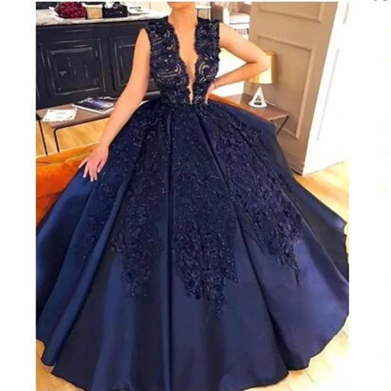 Navy blue Новое поступление вечернее платье кружевное с v-образным вырезом с аппликацией из бисера Атласное Вечернее платье бальное длинное арабское платье Abendkleider - Цвет: Navy blue