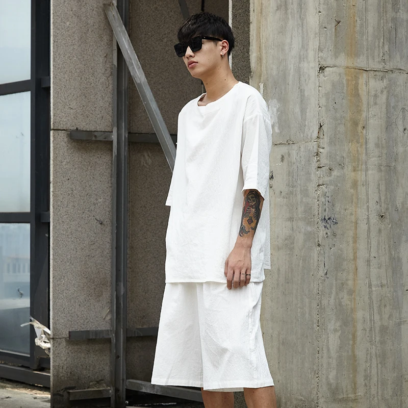

Male Streetwear Hip Hop Casual T Shirt Wide Leg Shorts White Black Tees Shirts Men Cotton Linen 2 Pieces Set (tshirt+shorts)