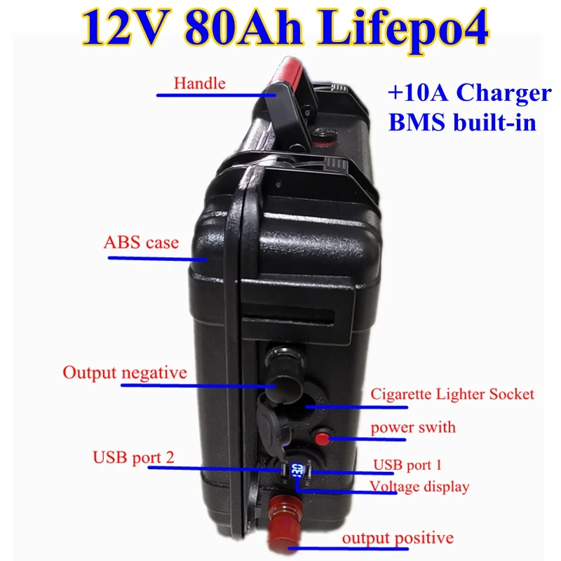 Водонепроницаемый IP67 12v 80ah lifepo4 литиевая батарея с BMS USB портом для навигации