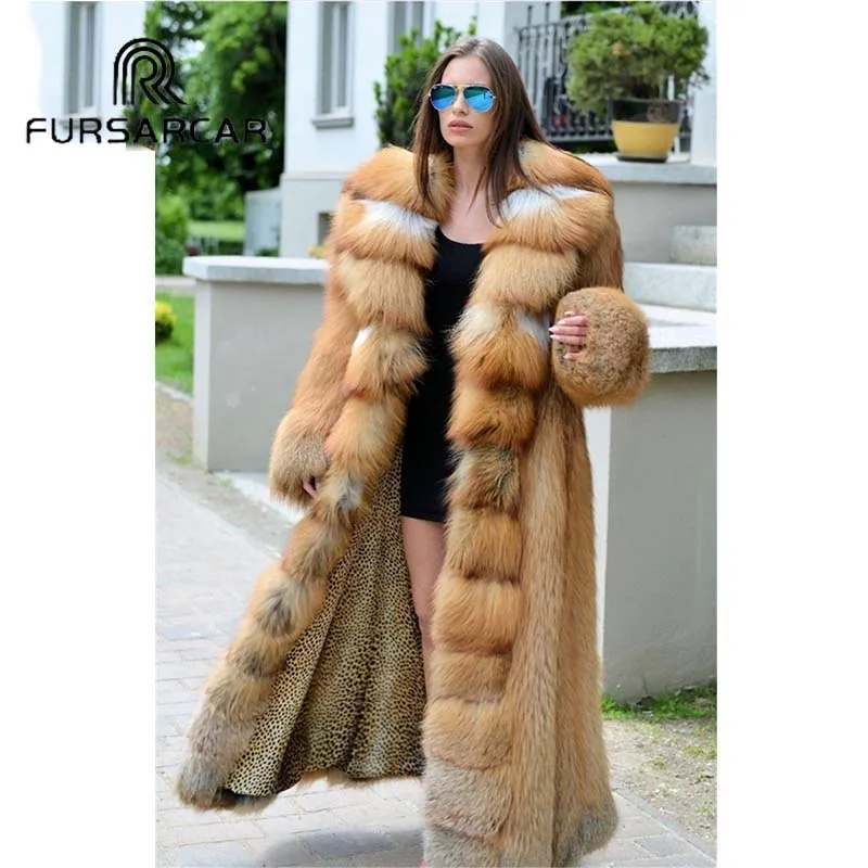 FURSARCAR Natural Real Gold Fox Fur Coat For Women 120 CM Long Female Jacket Fox Fur Coat Thick Warm Genuine Fur Jacket