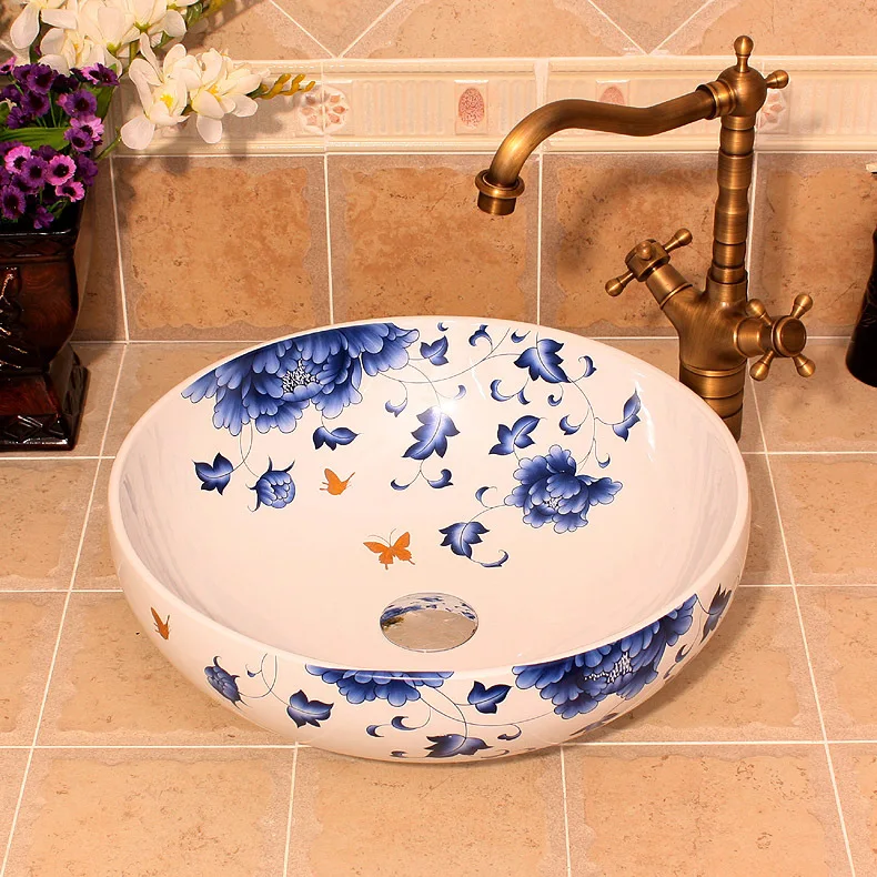 Сине белая фарфоровая керамическая раковина с рисунком бабочки|sink counter top|bowl wash