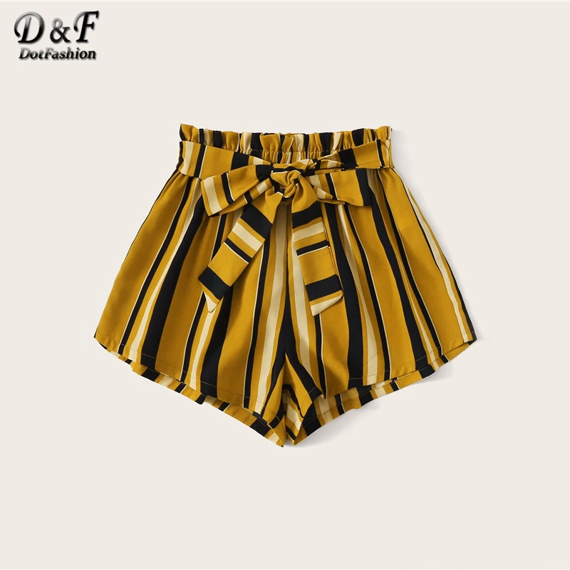 Dotfashion Имбирь Пресс-Папье талии с поясом полосатые шорты для женщин Летние повседневные женские с высокой талией модные брюки шорты