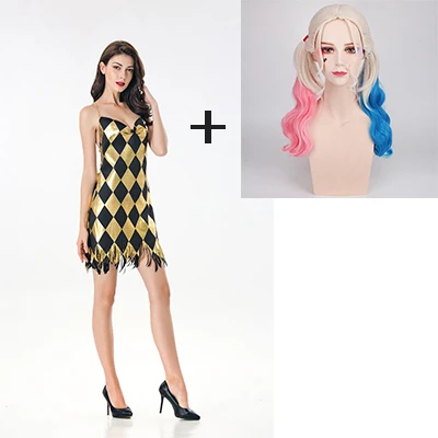 dress and wig Сексуальный костюм команды самоубийц, косплей, платье Харли Квинн для взрослых женщин и девочек, карнавальный костюм на Хэллоуин для девочек, платье и парик - Цвет: dress and wig