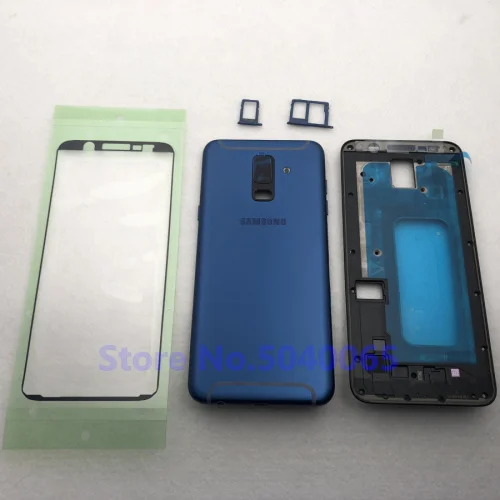 Синий Задняя крышка батареи с кнопкой для samsung Galaxy A6 Plus A605 A600 A600F A605 A605 задняя дверь полный корпус A6 наклейка - Цвет: Синий