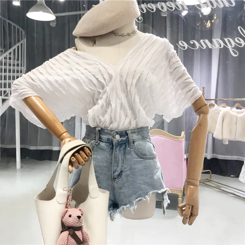 Женская шифоновая блузка ALPHALMODA летняя Свободная с треугольным вырезом | одежда