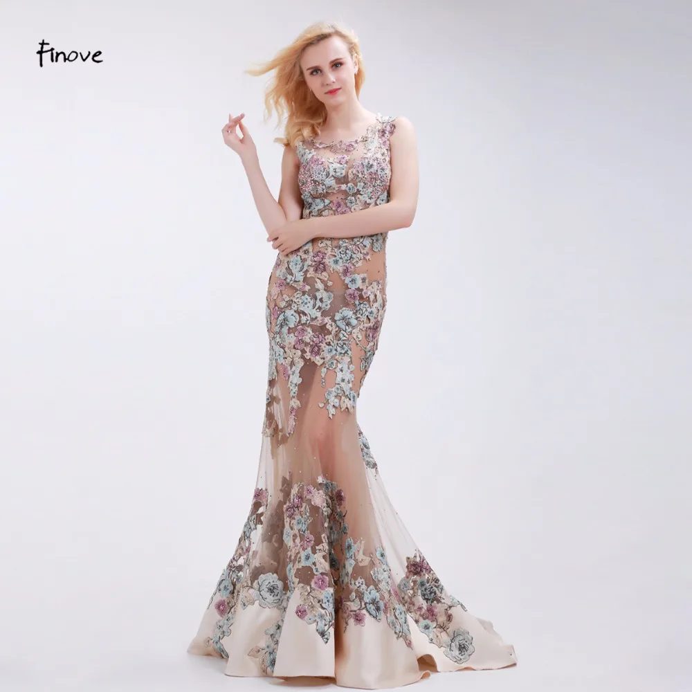 Finove Appliques Evening Dresses Sexy See-Through Tulle Elegant Mermaid Floor-Length 2020 New Champagne Sleeveless | Свадьбы и