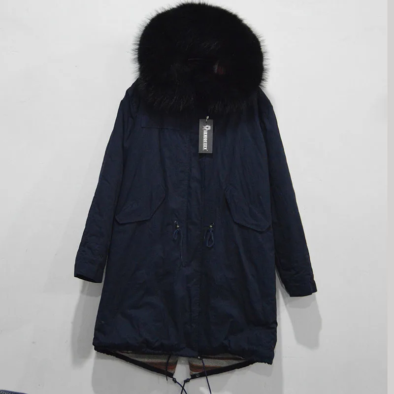 Koop 2017 Navy Parka Mens Kasjmier Bont Jas Mode Winter Warm Kasjmier Innerlijke Mannelijke Jas Real Zwart Wasbeer Kraag Jas Bont