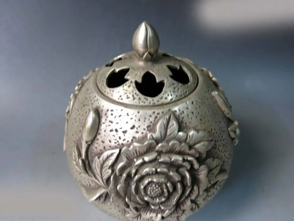 DS Китай серебро резные изысканные три Пион цветок курильница кадило Статуя | Дом