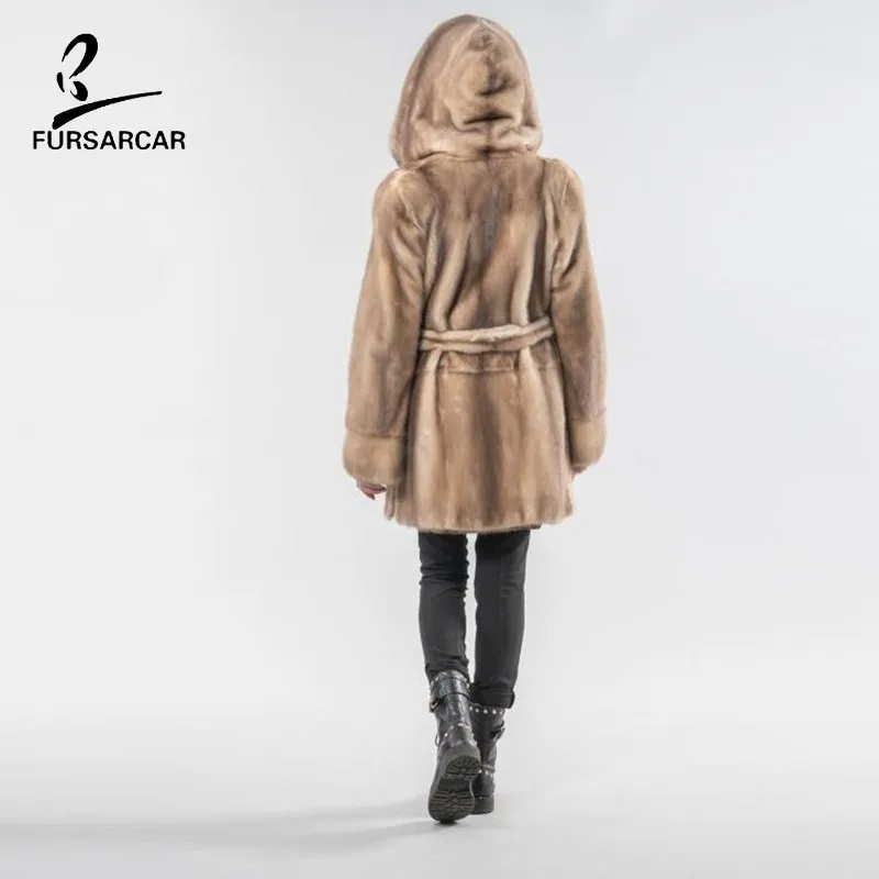 FURSARCAR Новая натуральная норковая зимняя куртка с отделкой из меха пальто с капюшоном для женщин большие размеры длинное пальто из натурального меха Женский Тренч