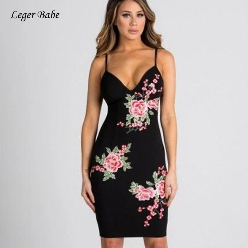 Leger Babe/Новинка Бандажное платье с цветочной аппликацией сексуальное черное