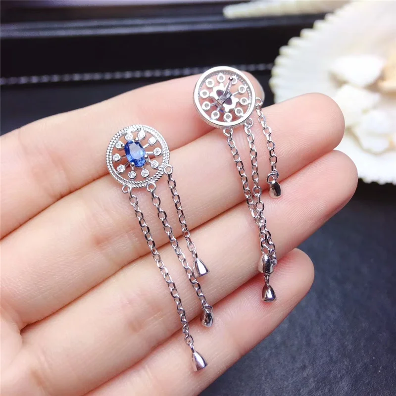 Женские серьги подвески с натуральным сапфиром серебро 925 пробы