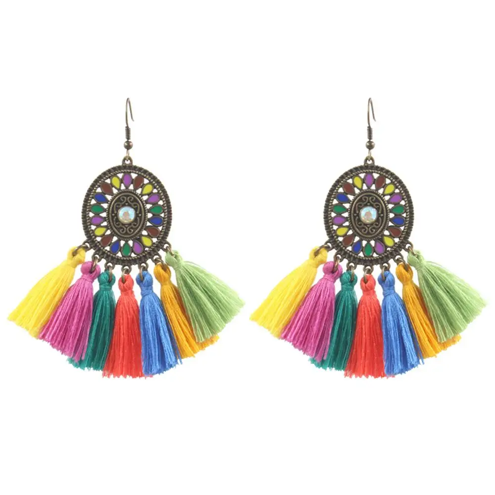 2019 американские висячие серьги разноцветные для женщин полые круглые бахрома
