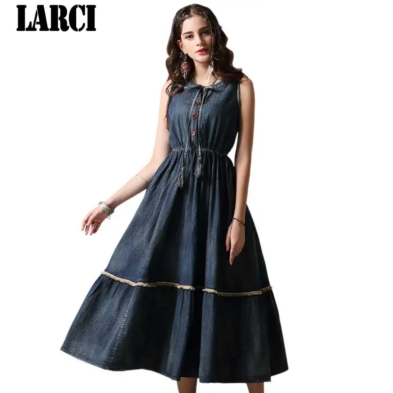 LARCI летнее платье Boho новые джинсовые платья v образным Вырезом Качели хем line