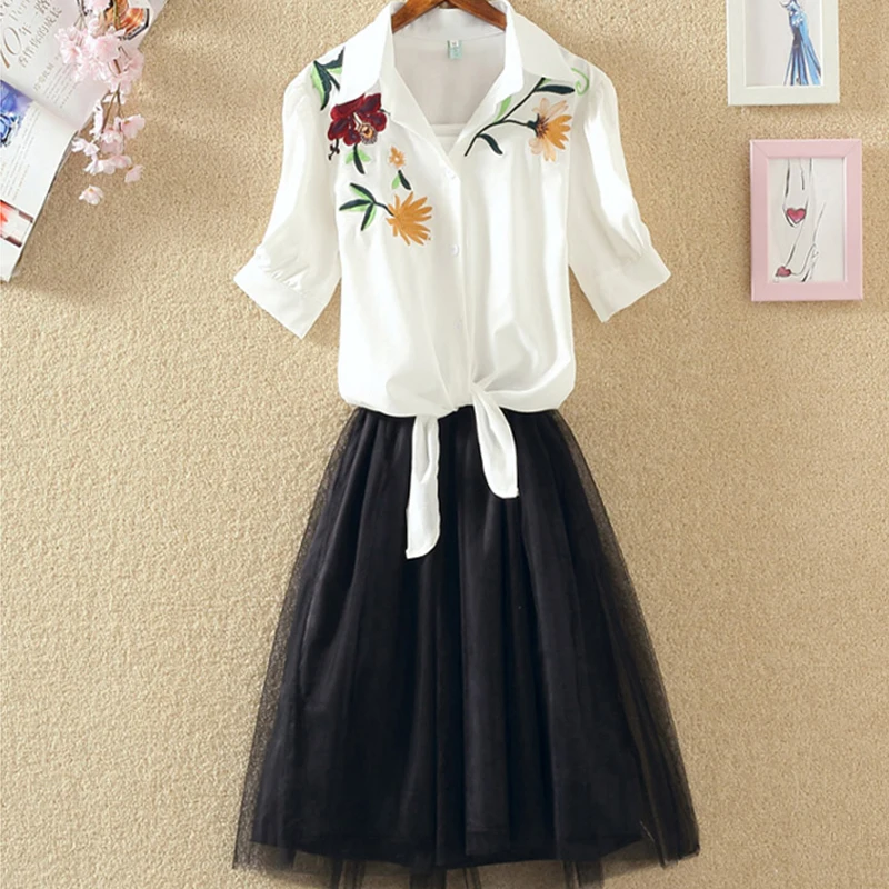 2 Pieces Tutu Dress Women Shirt And Sling Veil Suit Cute Mesh Vest Ballet Summer Blue White Princess Dresses | Женская одежда