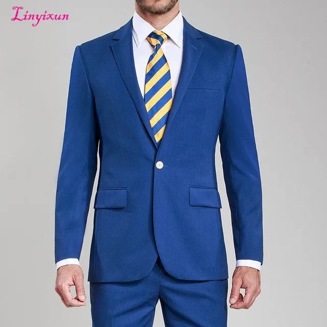 Linyixun костюм на заказ смокинг Женихи Мужчины Королевский синий Slim Fit Свадебные - Фото №1