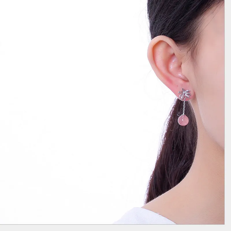 Uglyless Real Thai Silver Handmade Coconut Earrings Women Strawberry Quartz Pink Ball Fine Jewelry Solid 925 Bijoux | Украшения и