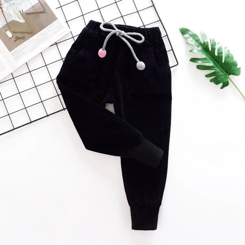 black without velvet Вельветовые Штаны для маленьких девочек Детские флисовые штаны теплые вельветовые брюки с меховыми помпонами для девочек-подростков ростом от 90 до 160 см детская одежда - Цвет: black without velvet