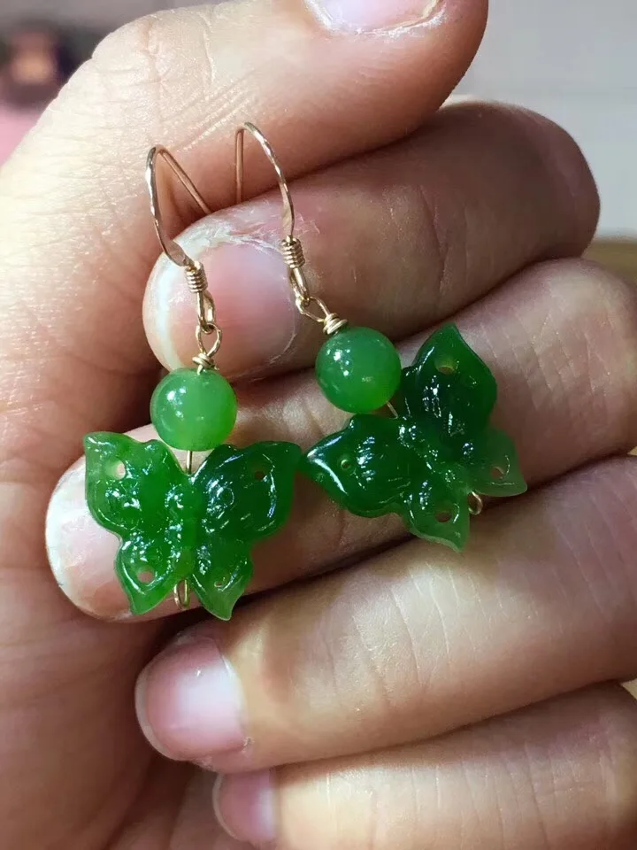 

Genuine Natural Green Jade Drop Earrings For Fashion Women Lady Butterfly Stone 14K Sterling Fine Fashion Earrings For Gift