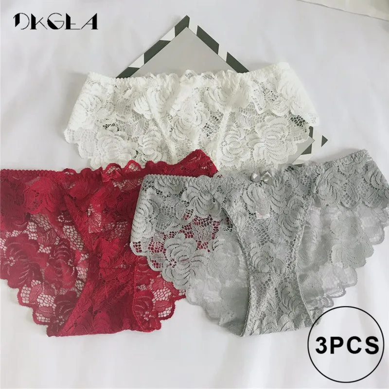 White Red wine Gray Сексуальные трусики 3 шт. Белый+ черный+ синий кружевное белье плюс размер невысокие трусики прозрачные женские трусы вышивка - Цвет: White Red wine Gray