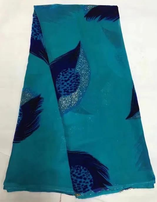 Африканская бархат кружевной ткани в темно-синий с зеленый лист шаблон 5 ярдов/шт