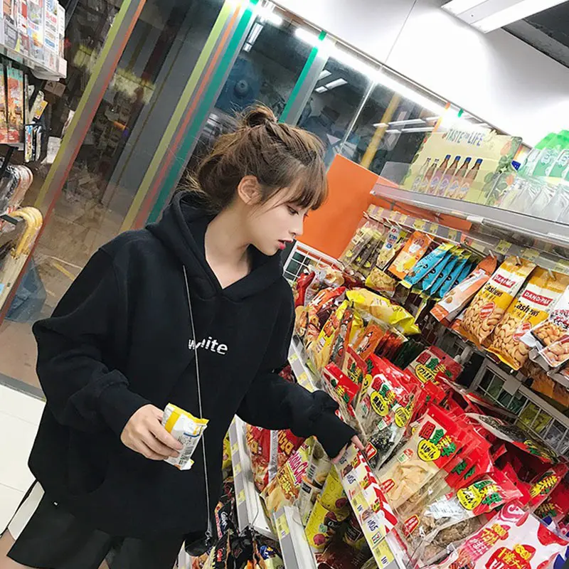 Новый женский свободный пуловер с капюшоном на флисовой подкладке осенне-зимнее