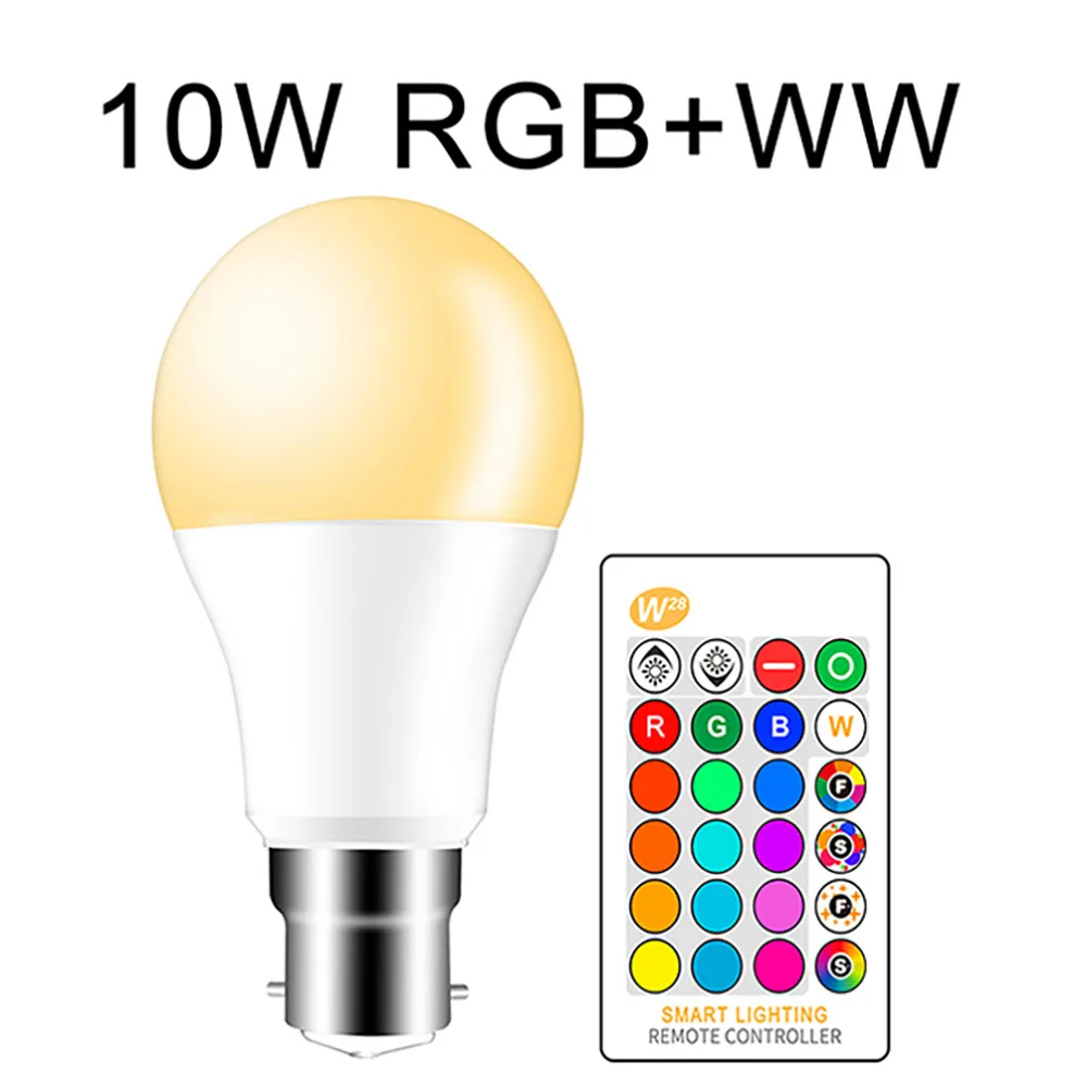 B22 10W RGB WW RGB светодиодный светильник E27 B22 с регулируемой яркостью, 16 цветов, меняющий магический светильник, 5 Вт, 10 Вт, 15 Вт, переменный ток, 110 В, 220 В, RGB+ белый ИК-пульт дистанционного управления, умная лампа - Испускаемый цвет: B22 10W RGB WW