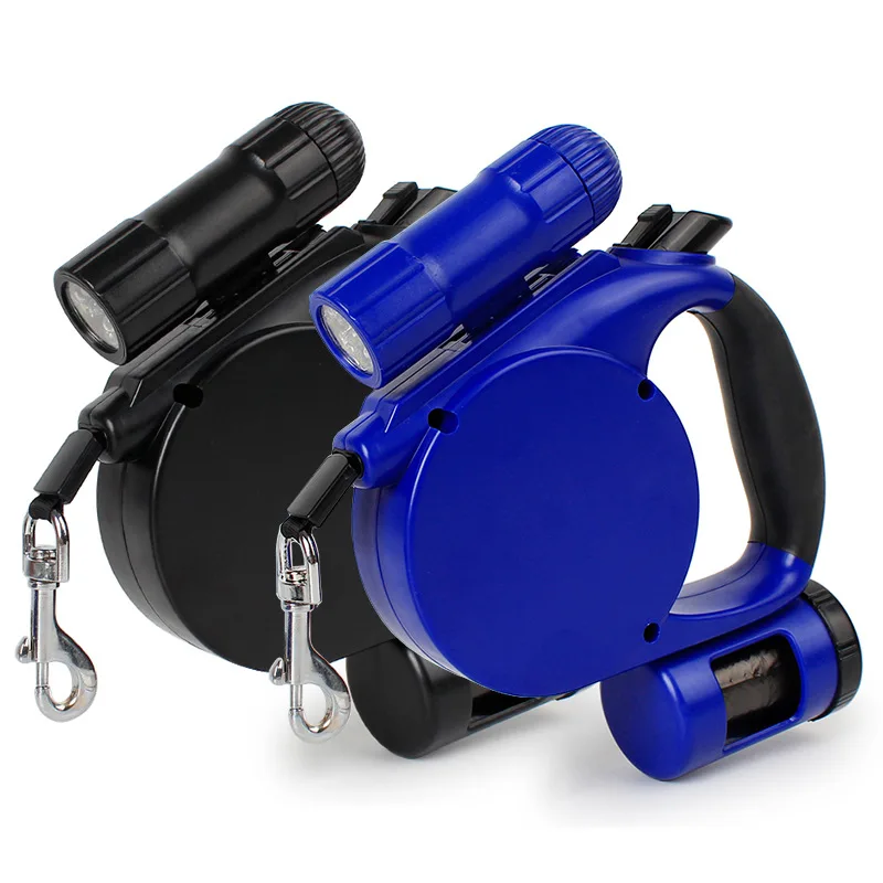 High Quality 5M Retractable Dog LED Leashes Strong Pet Lead With Garbage Bag Dispenser Quaity Blue Black Portablr Leash | Дом и сад