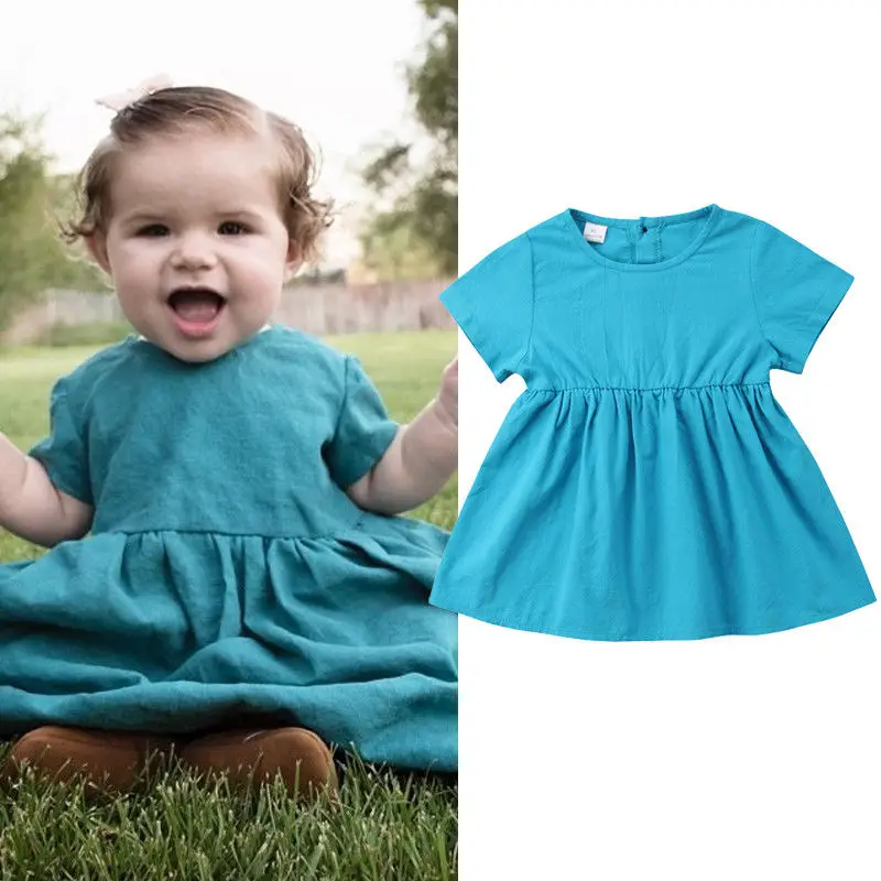 

Vogue Baby Girls Dress Solid Blue Ruched Dresses Button Casual Bebe Kids Girls Girls Toddler