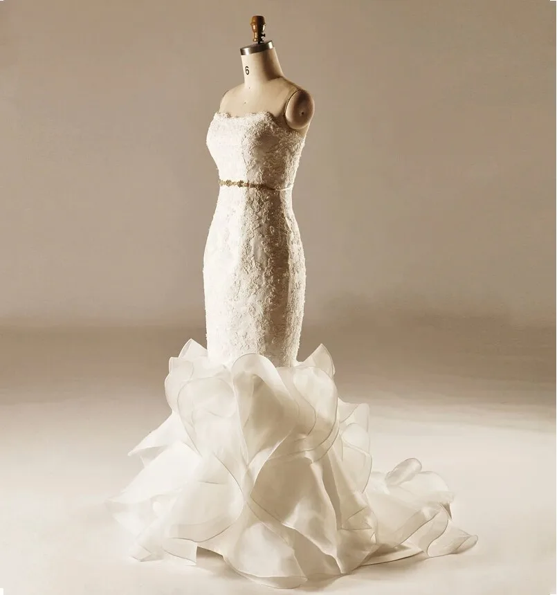 Newest Ruffled Trains Mermiad Wedding Dresses Beading Sash Vintage Lace Bridal Gowns Strapless vestidos de noiva | Свадьбы и