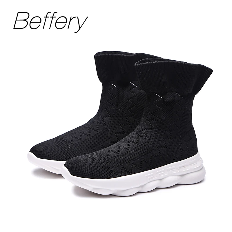 Beffery slip on вязать женские кроссовки с высоким берцем Удобная Осенняя Повседневное
