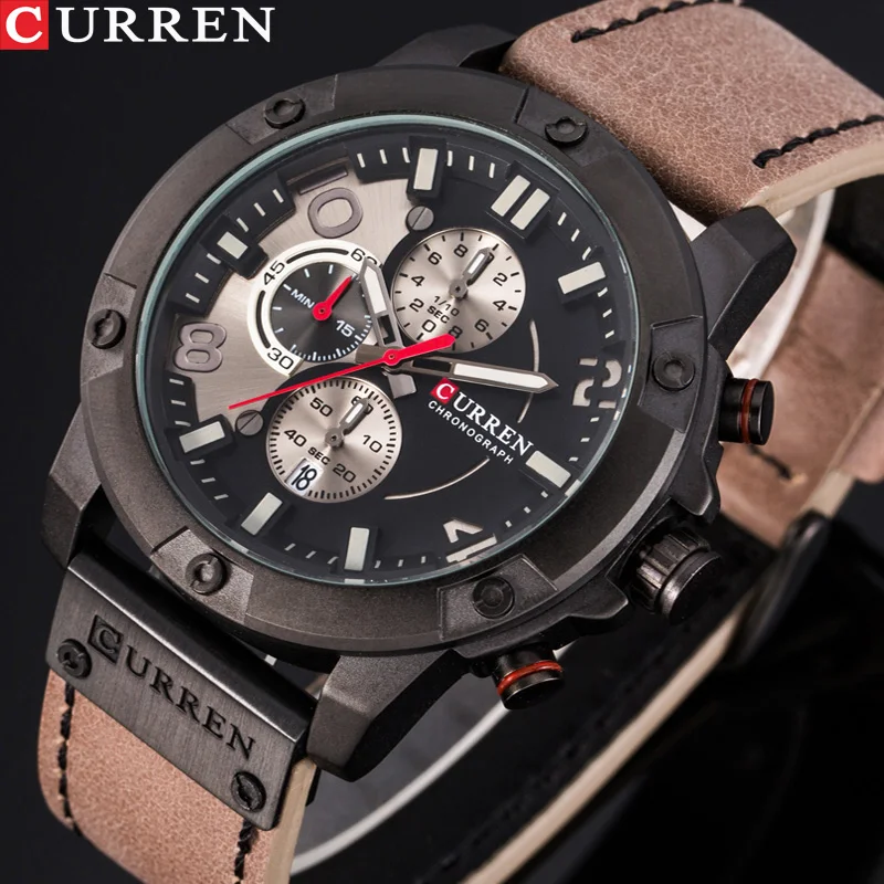 

Спортивные мужские часы CURREN, кварцевые часы с кожаным ремешком