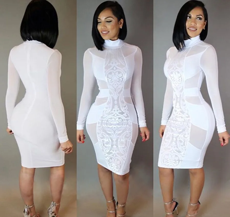 Новый Сексуальный Женщины Bodycon Бинты Сетки Лоскутная Тонкий Платье Вечера