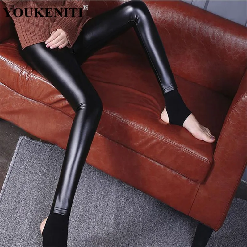 YOUKENITI 2017 Autumn Winter Thick PU Leather Stirrup Legging Plus Cashmere Size Skinny Elastic Fitness Leggings For Women |