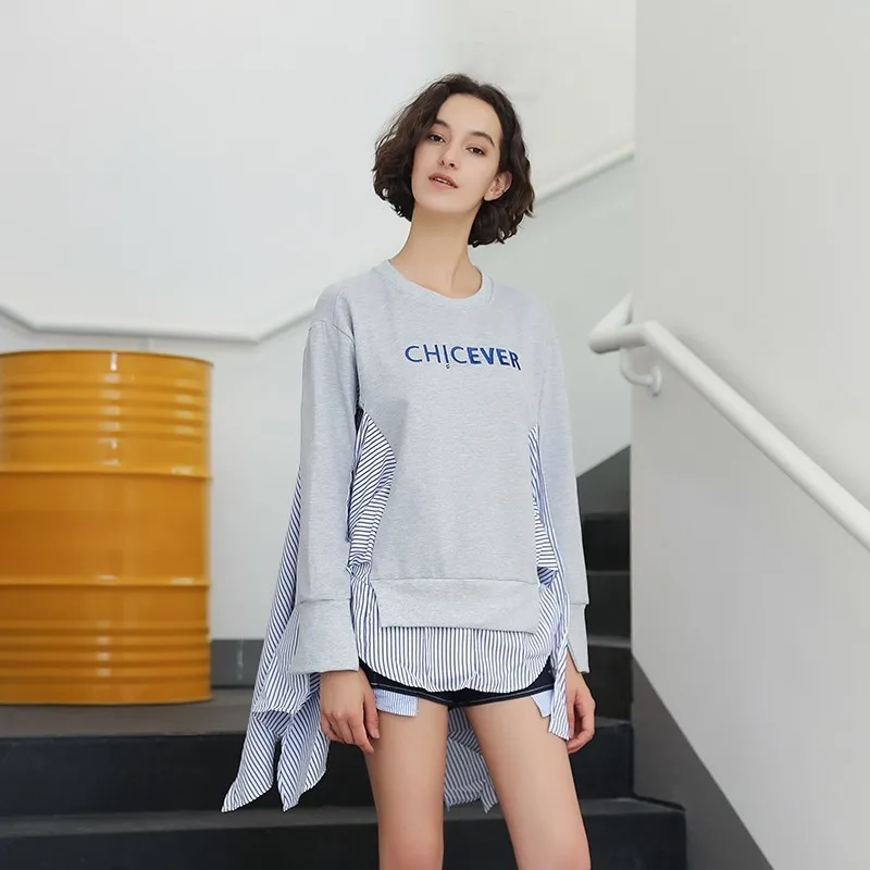 TWOTWINSTYLE Лоскутная полосатая Толстовка для женщин с круглым вырезом и длинным