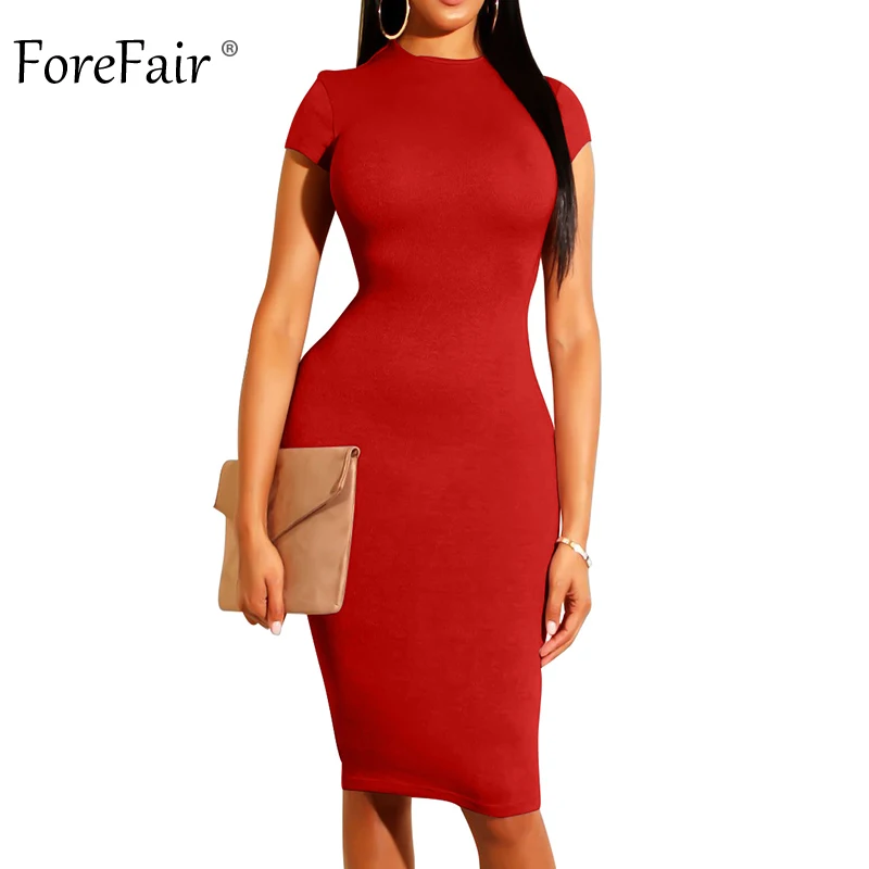 Forefair, сексуальное облегающее платье миди с коротким рукавом, базовый с круглым вырезом, облегающее, с запахом, эластичное, черное, красное, однотонное, Клубная одежда, летнее платье для женщин