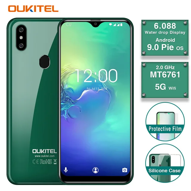 Зеленый OUKITEL C15 Pro, экран капли воды, 2 ГБ, 16 ГБ, Android 9,0, мобильный телефон MT6761, отпечаток пальца, распознавание лица, 2,4G/5G, WiFi, 4G, LTE, смартфон - Цвет: Зеленый