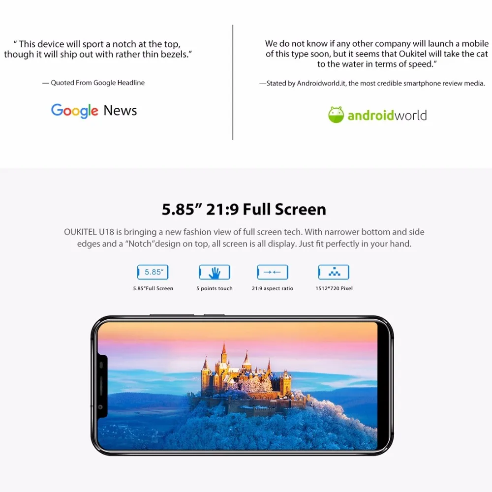 OUKITEL U18 5 85 &quot21:9 полный экран Face ID Смартфон Android 7 0 MT6750T Octa Core 4 Гб 64 13MP Двойная камера