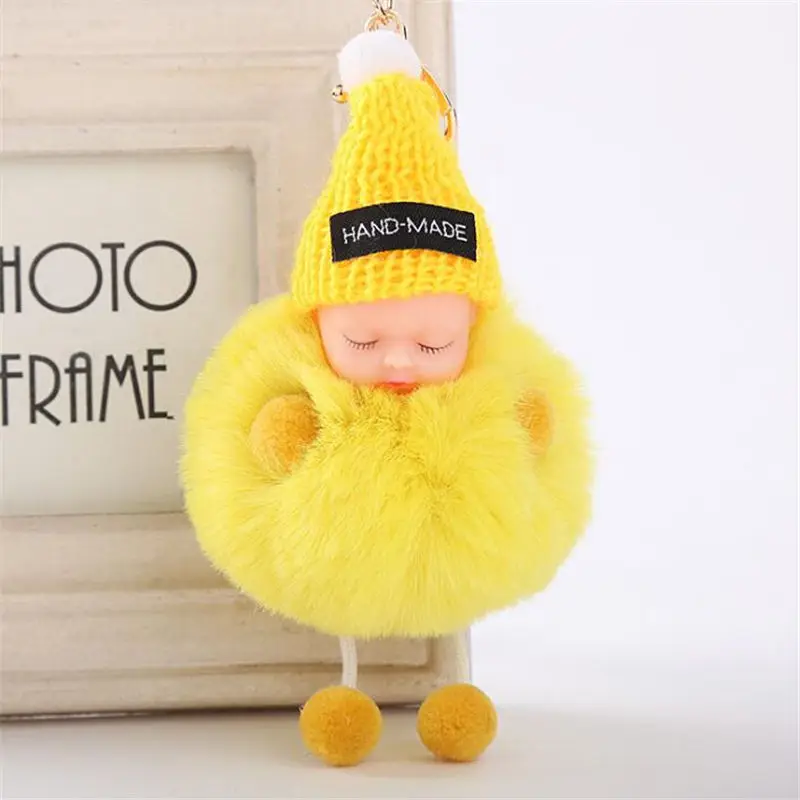 Yellow Модный искусственный мех, милая кукла, Спящий ребенок, брелок, подвески для сумок, плюшевая шапка, шарик для волос, брелки, ювелирные украшения для автомобиля - Цвет: Yellow