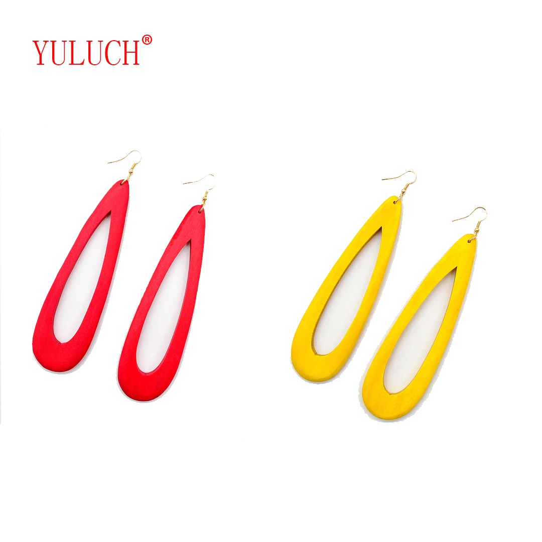 

YULUCH Simple 5 Colors Hollow Dripping Pendant Earrings Wooden Exaggerated Jewelry for Women Party Personality Accessories