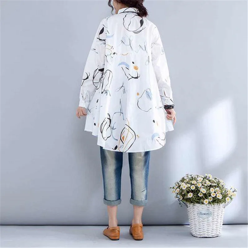 BUYKUD Casual Plus Size Cotton Blouses 2018 New Elegant Printed Pocket Tops Vacation Single Breasted Polo Collar Buttons |