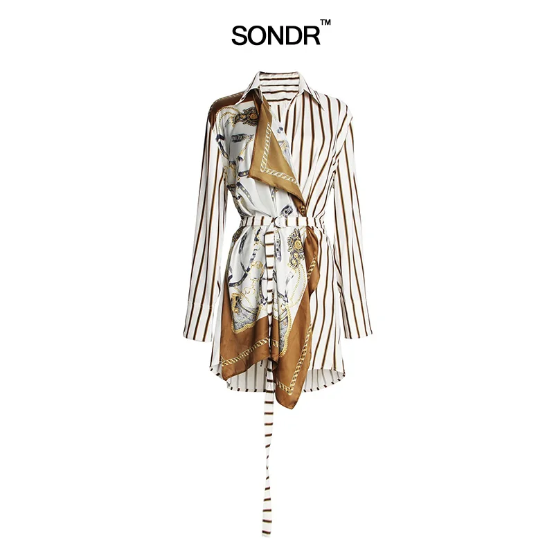 

SONDR 2019 New Spring Summer Lapel Long Sleeve Striped Pattern Printed Irregular Stitch Loose Shirt Women Blouse Fashion